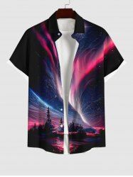 Plus Size Tree Aurora Ombre Sky Galaxy Print Hawaii Button Pocket Shirt For Men -  