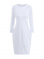 Robe Chemise en Couleur Unie avec Poche à Manches Longues - Blanc M