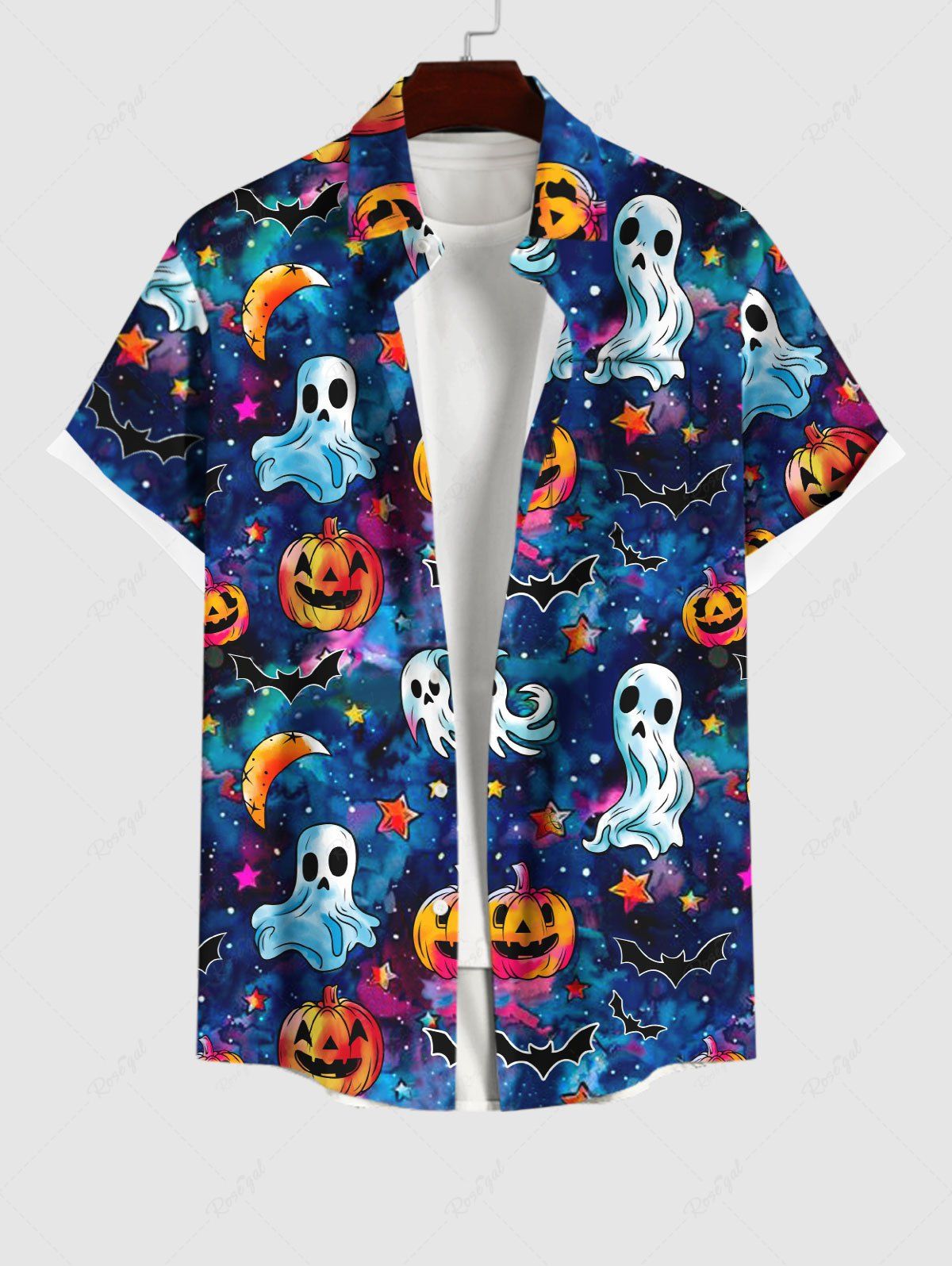 Unique Plus Size Halloween Galaxy Ghost Pumpkin Moon Star Bat Print Buttons Pocket Shirt For Men  