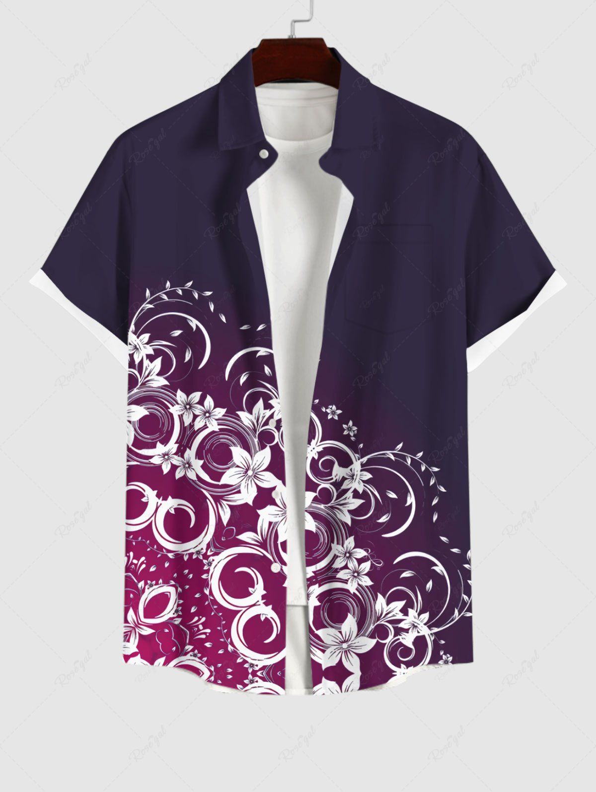 Fancy Plus Size Floral Branch Print Hawaii Ombre Button Pocket Shirt For Men  