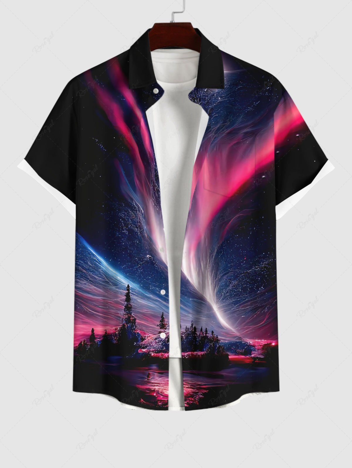 Outfits Plus Size Tree Aurora Ombre Sky Galaxy Print Hawaii Button Pocket Shirt For Men  