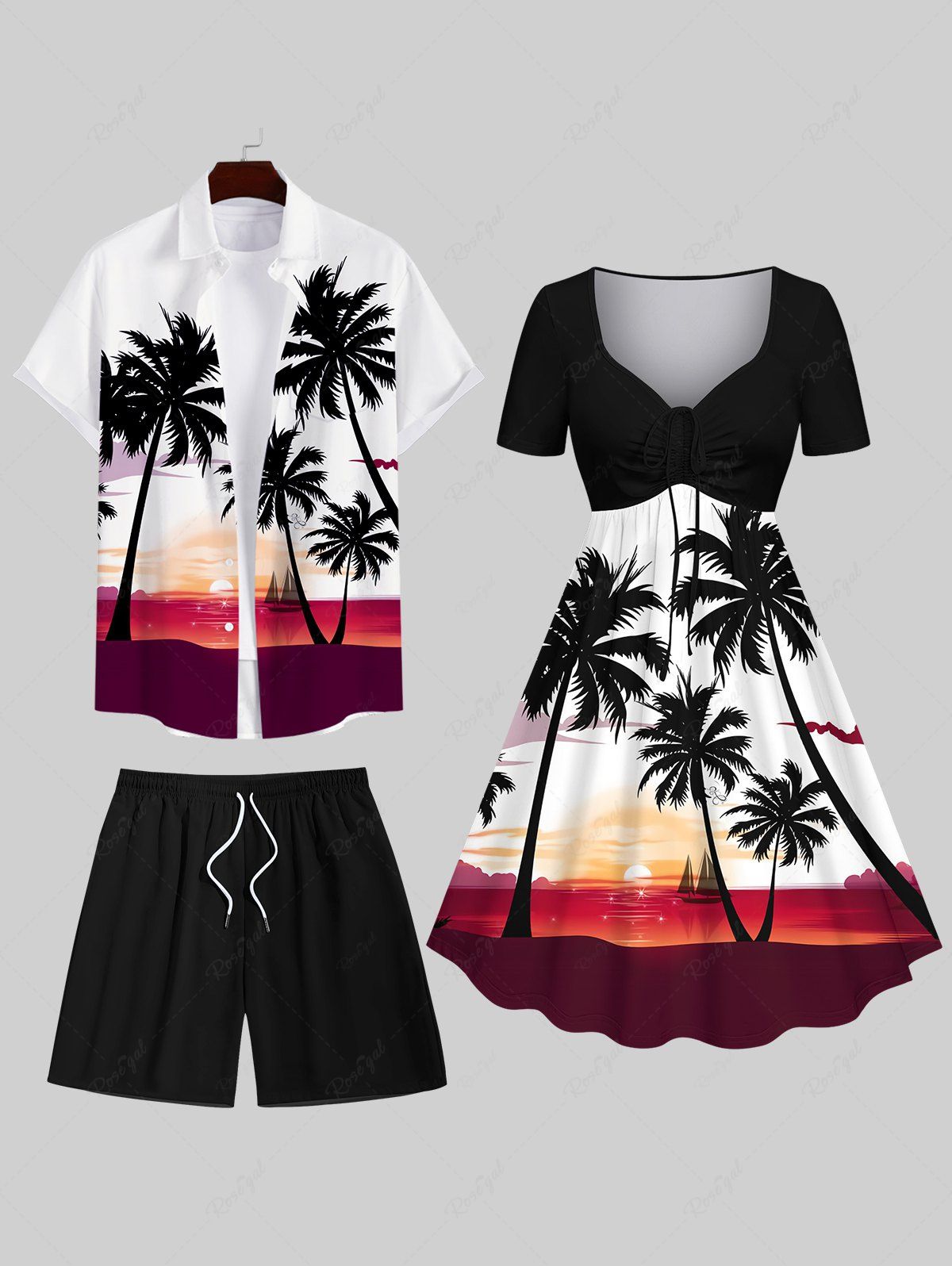 New Coconut Tree Sunset Sailboat Colorblock Print Plus Size Matching Hawaii Beach Outfit For Couples  