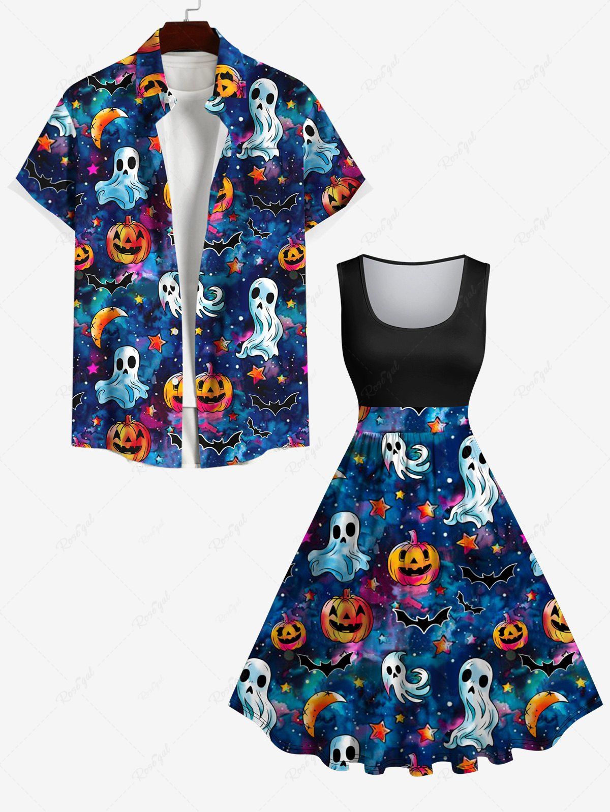 Best Halloween Galaxy Ghost Pumpkin Moon Star Bat Print Plus Size Matching Outfit For Couples  