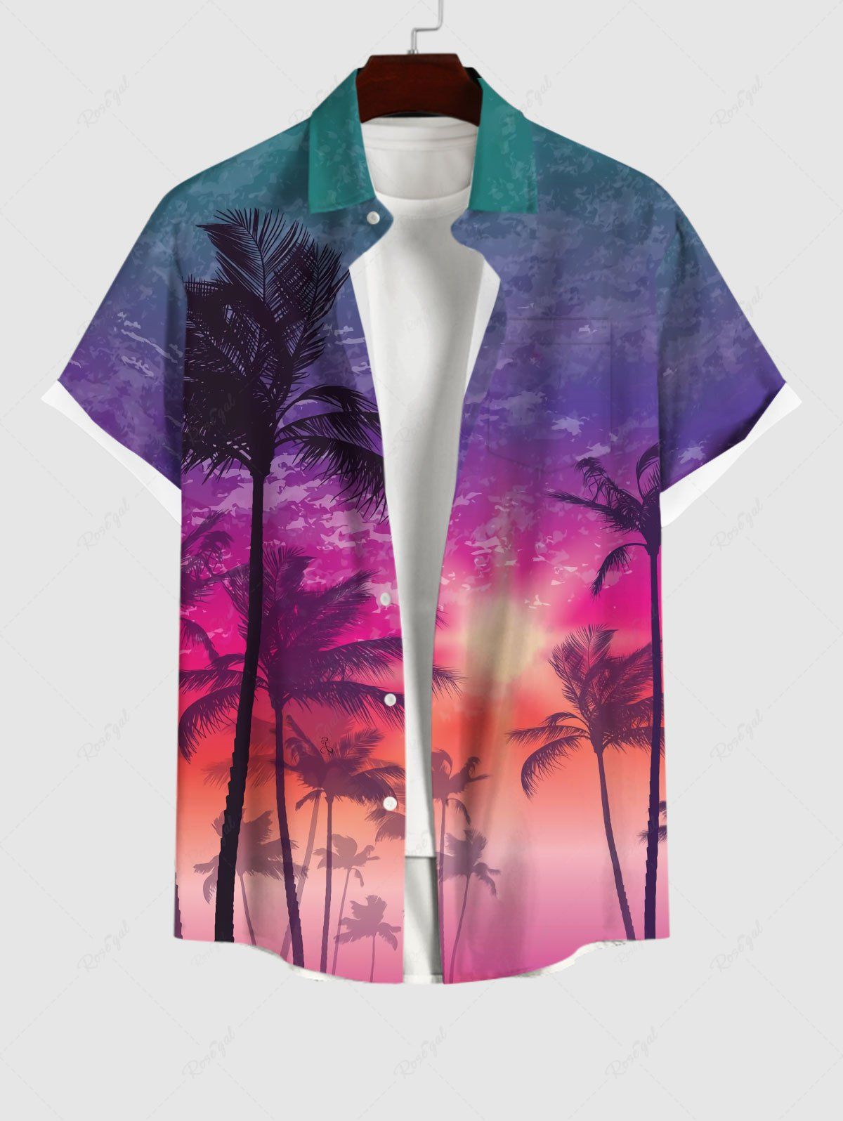 Best Plus Size Ombre Sky Coconut Tree Sun Print Buttons Pocket Hawaii Shirt For Men  