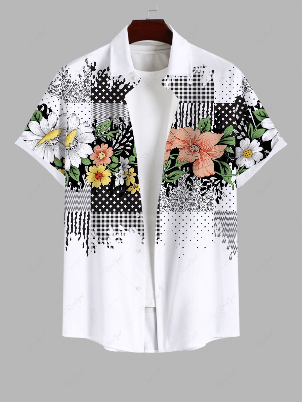 Online Plus Size Tropical Leaf Flowers Scarf Pattern Print Hawaii Shirt For Men  