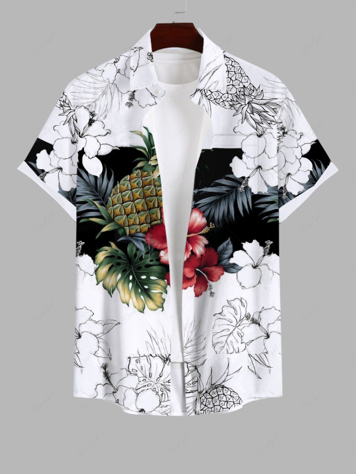 Outfit Plus Size Tropical Leaf Hibiscus Flower Pineapple Print Buttons Pocket Hawaii Shirt For Men  