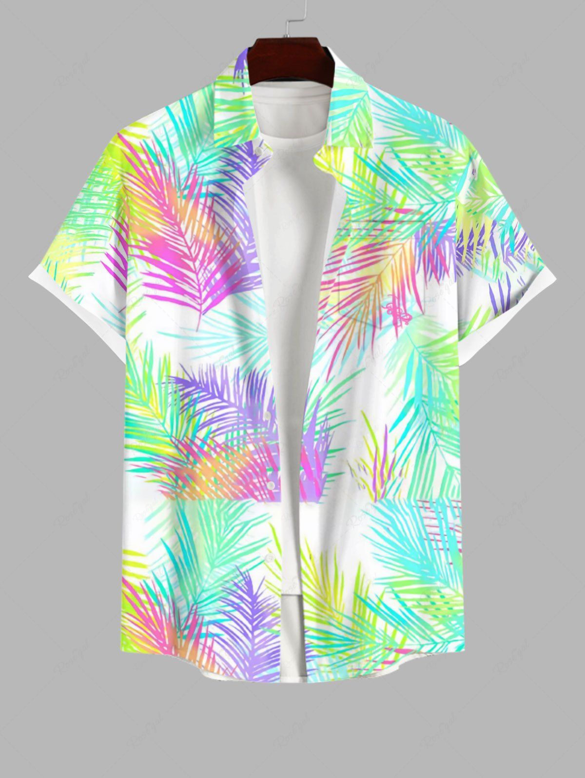 Online Plus Size Colorful Ombre Tropical Leaves Print Hawaii Button Pocket Shirt For Men  