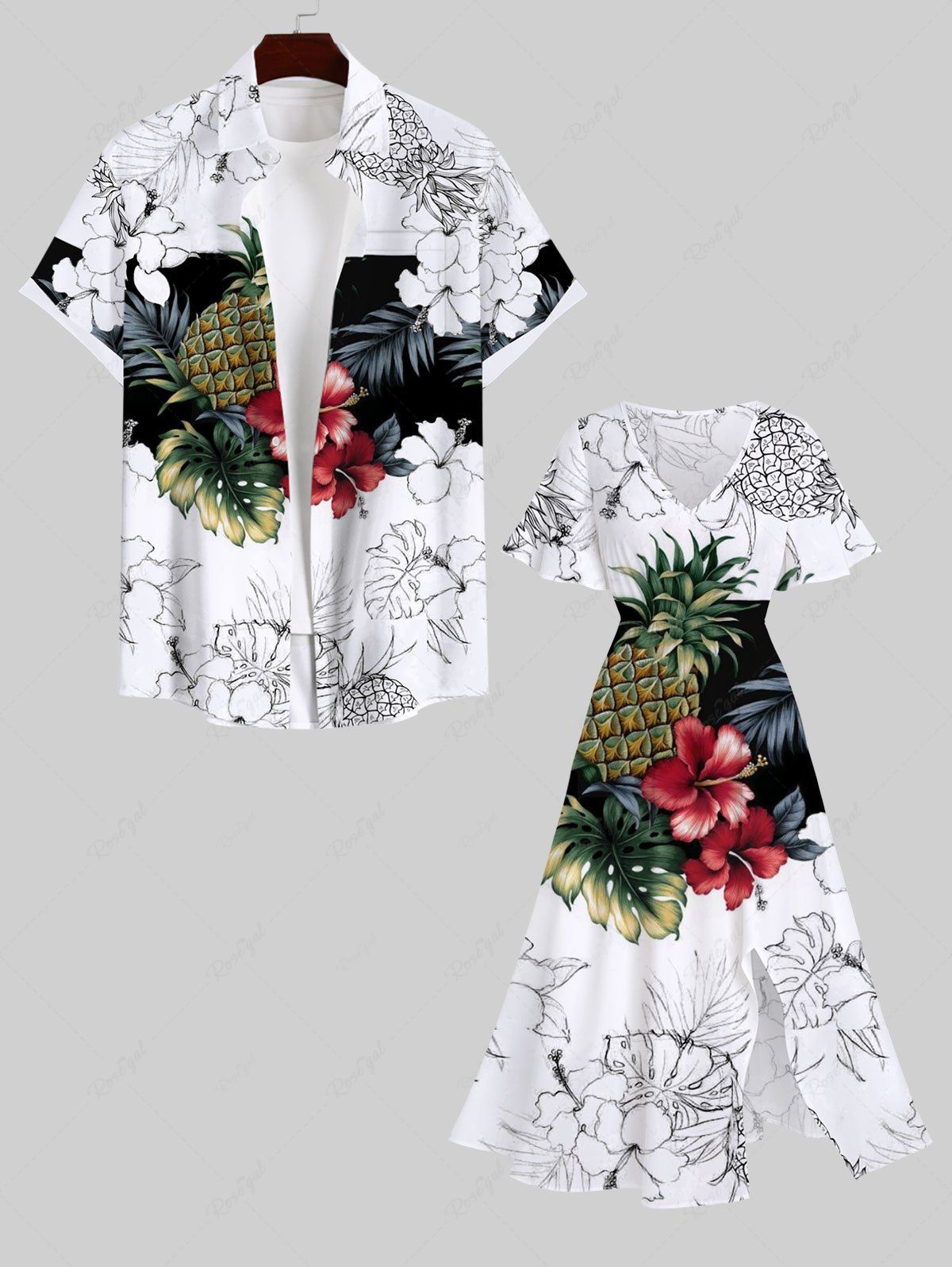 Shop Tropical Leaf Hibiscus Flower Pineapple Print Plus Size Matching Hawaii Beach Outfit For Couples  