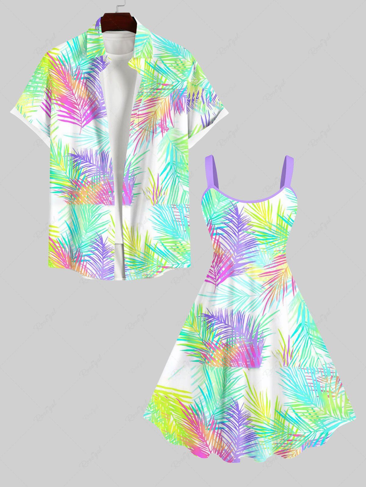 Unique Colorful Ombre Tropical Leaves Print Plus Size Matching Hawaii Beach Outfit For Couples  