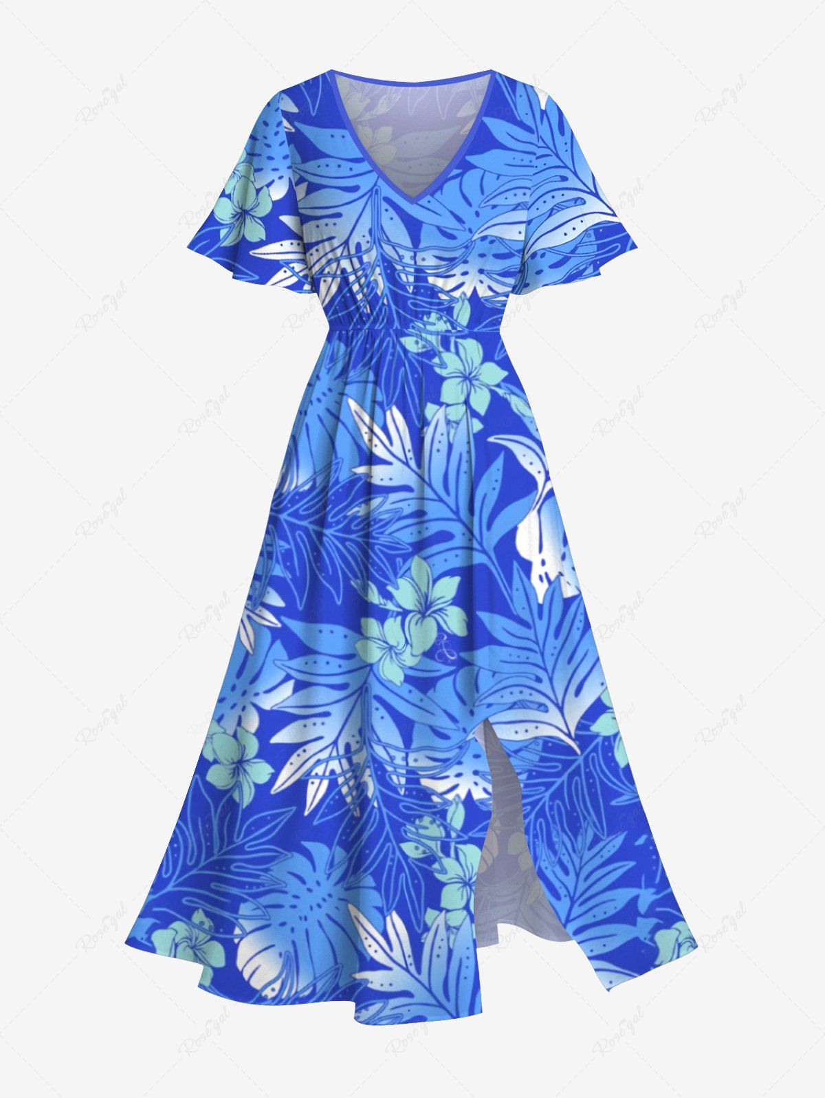 New Plus Size Tropical Leaf Hibiscus Flowers Print Split Hawaii Midi Dress  