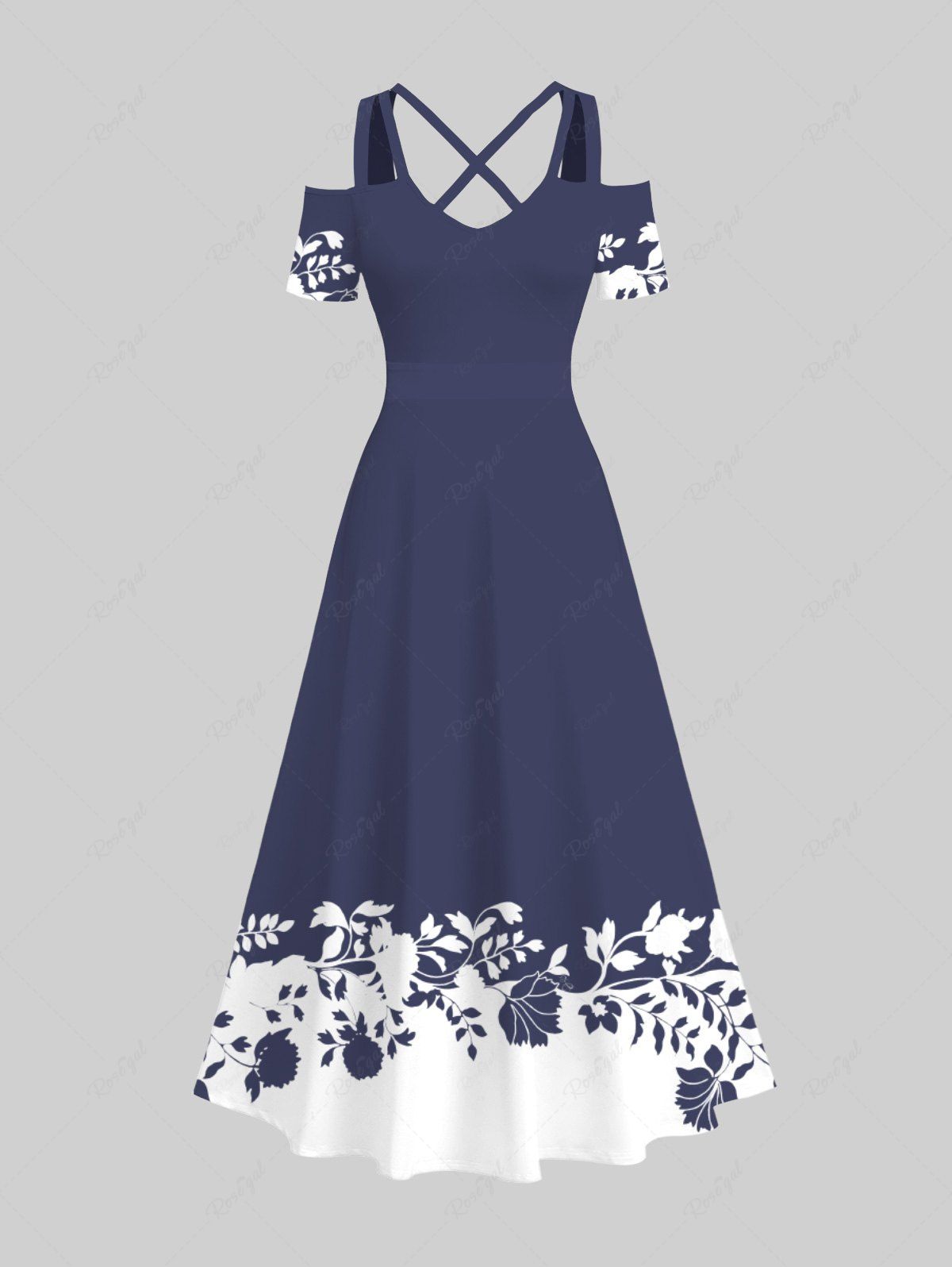 Outfit Plus Size Cold Shoulder Floral Leaves Branch Two Tone Print Hawaii Crisscross A Line Maxi Dress  