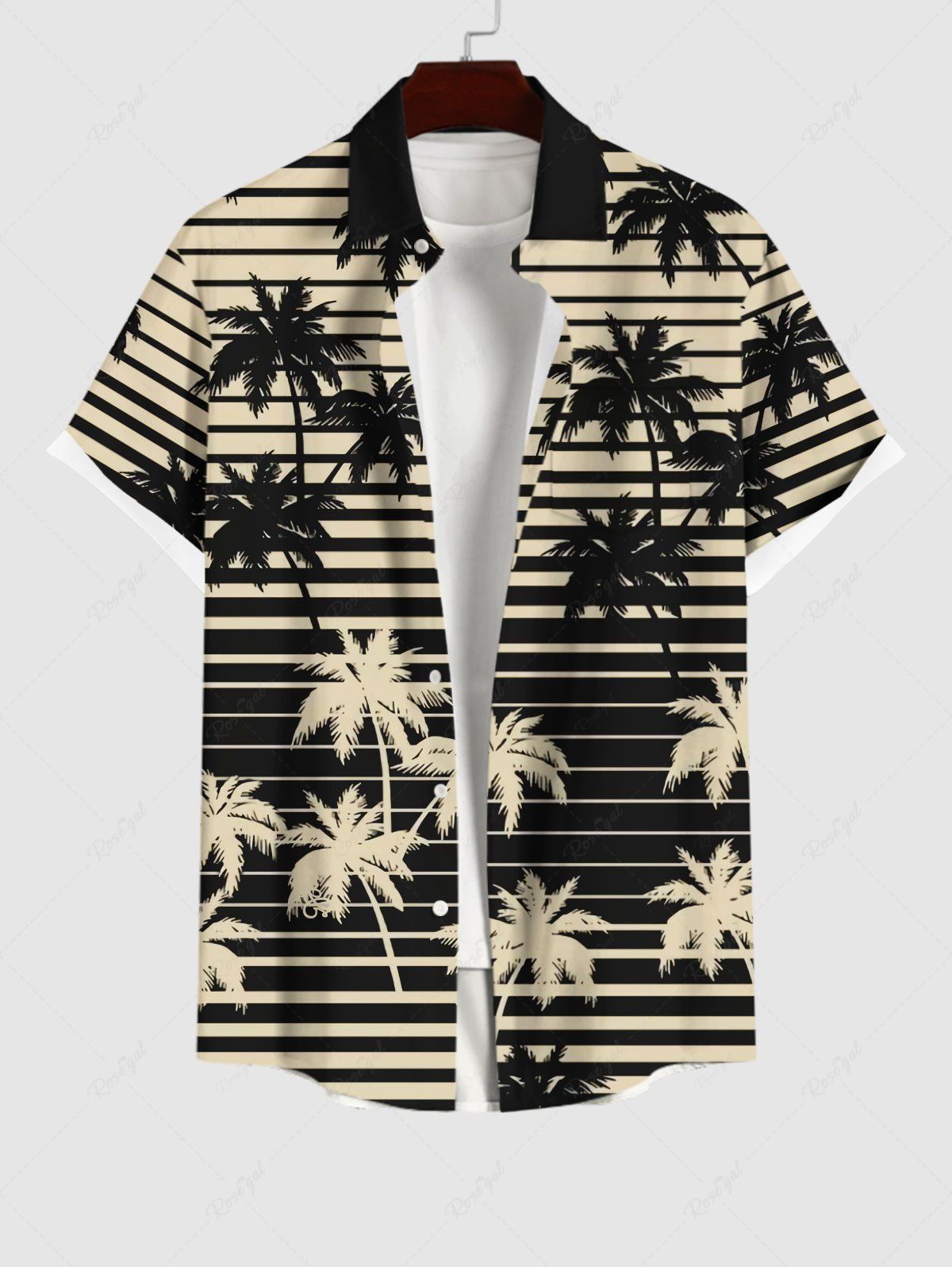 Hot Plus Size Coconut Tree Striped Two Tone Print Hawaii Button Pocket Shirt For Men  