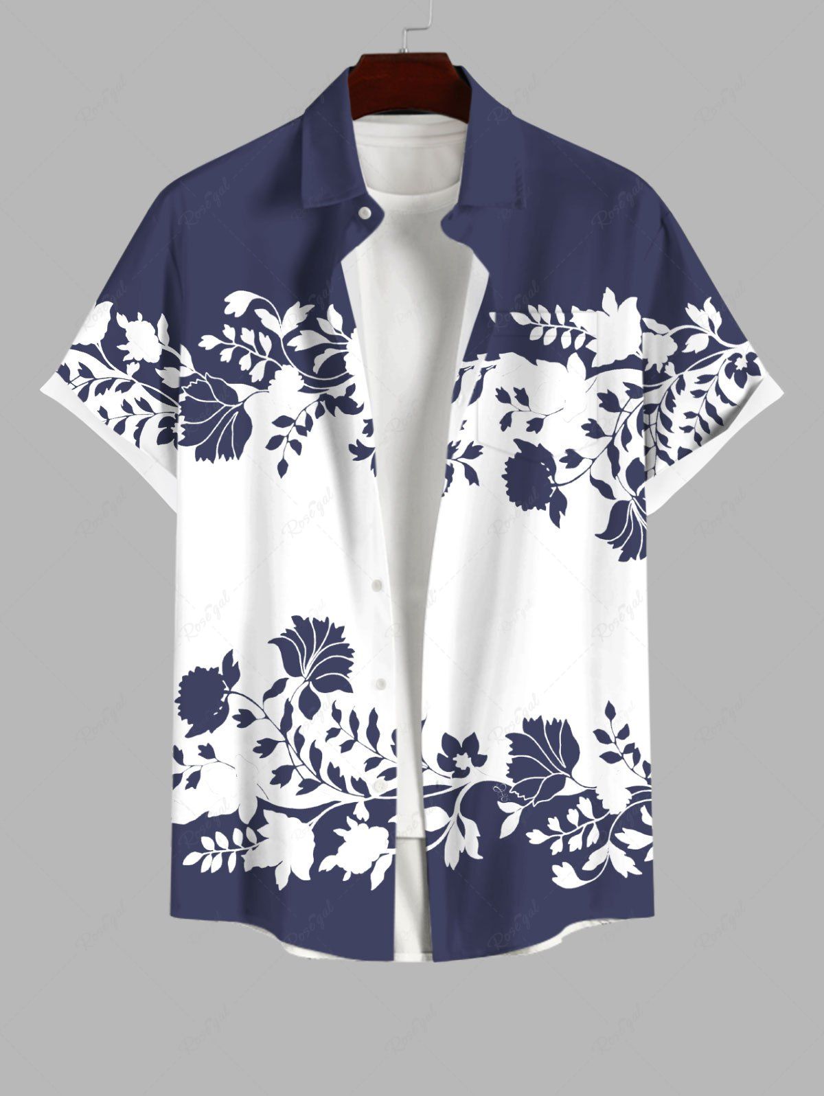 Buy Plus Size Floral Leaves Branch Two Tone Print Hawaii Button Pocket Shirt For Men  