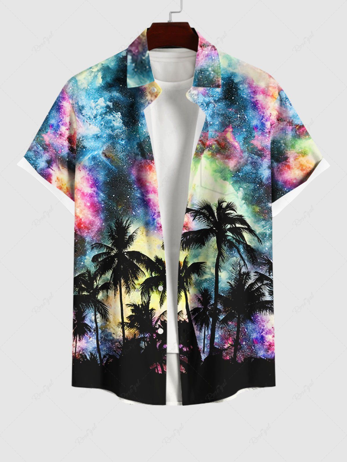 New Plus Size Coconut Tree Colorful Tie Dye Galaxy Print Hawaii Button Pocket Shirt For Men  