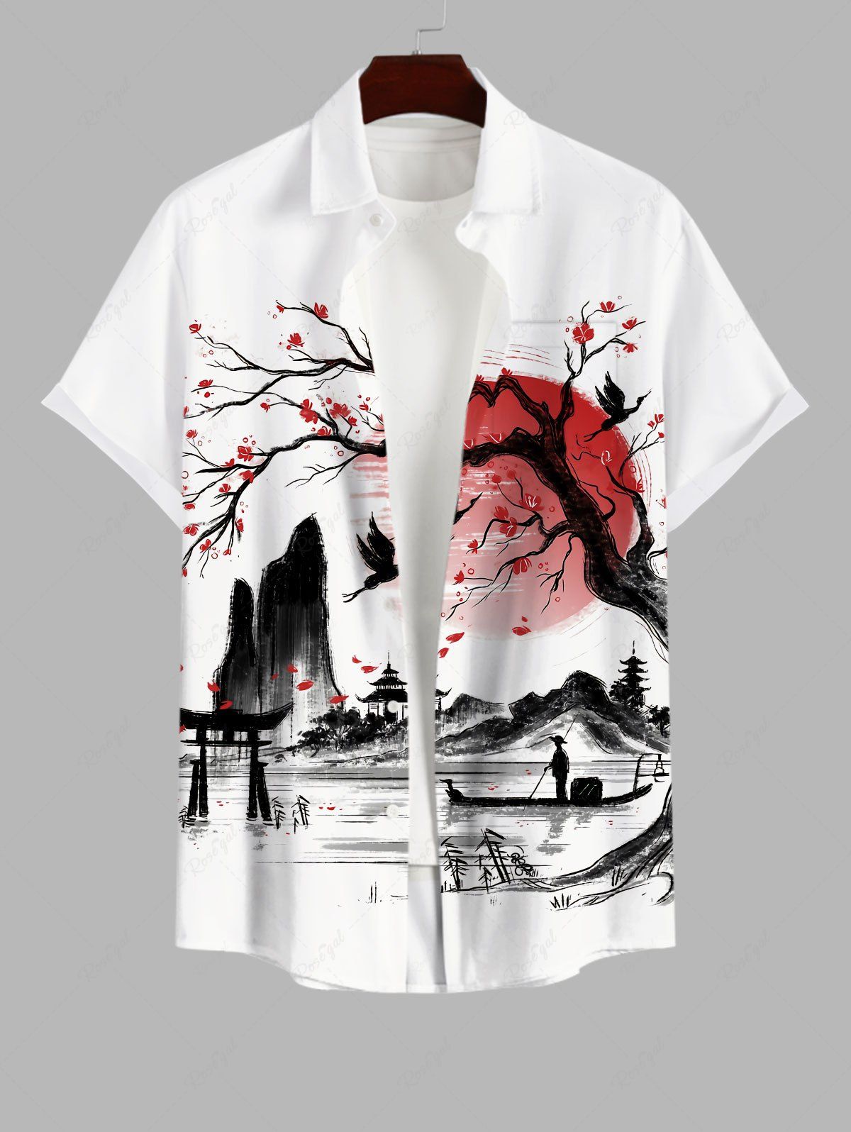 New Plus Size Tree Sun Mountain Ink Painting Print Button Pocket Shirt For Men  