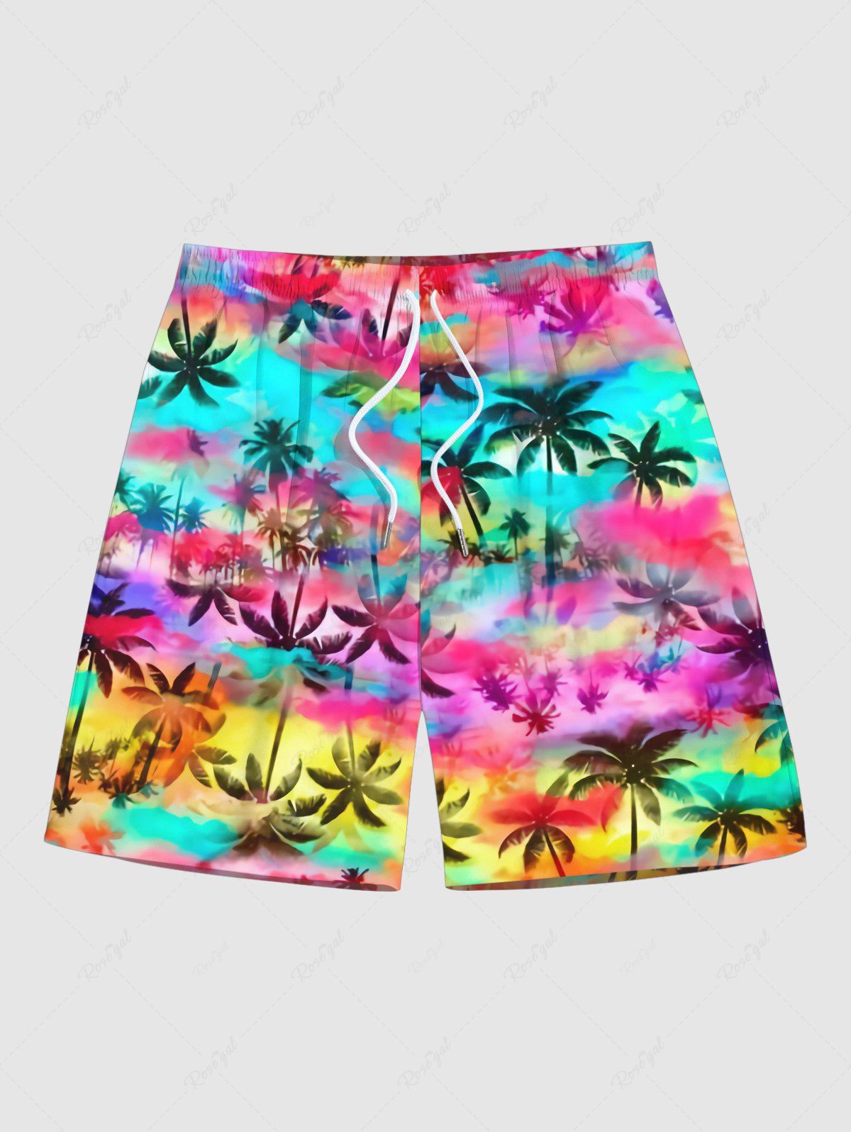 New Plus Size Coconut Tree Colorful Tie Dye Ombre Print Hawaii Drawstring Beach Shorts For Men  