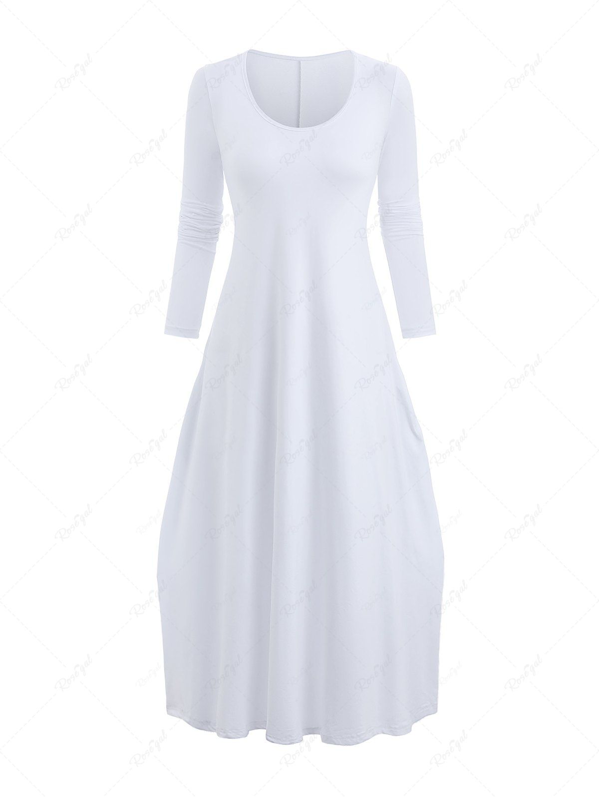 Robe Ligne A en Couleur Unie à Manches Longues avec Poches Blanc S