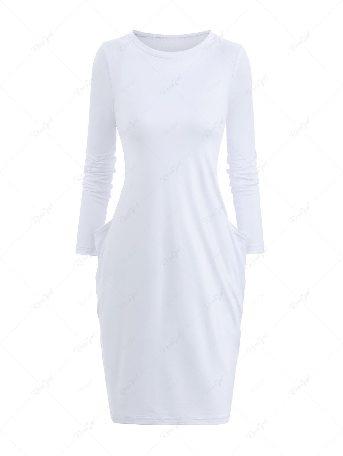 Robe Chemise en Couleur Unie avec Poche à Manches Longues Blanc L