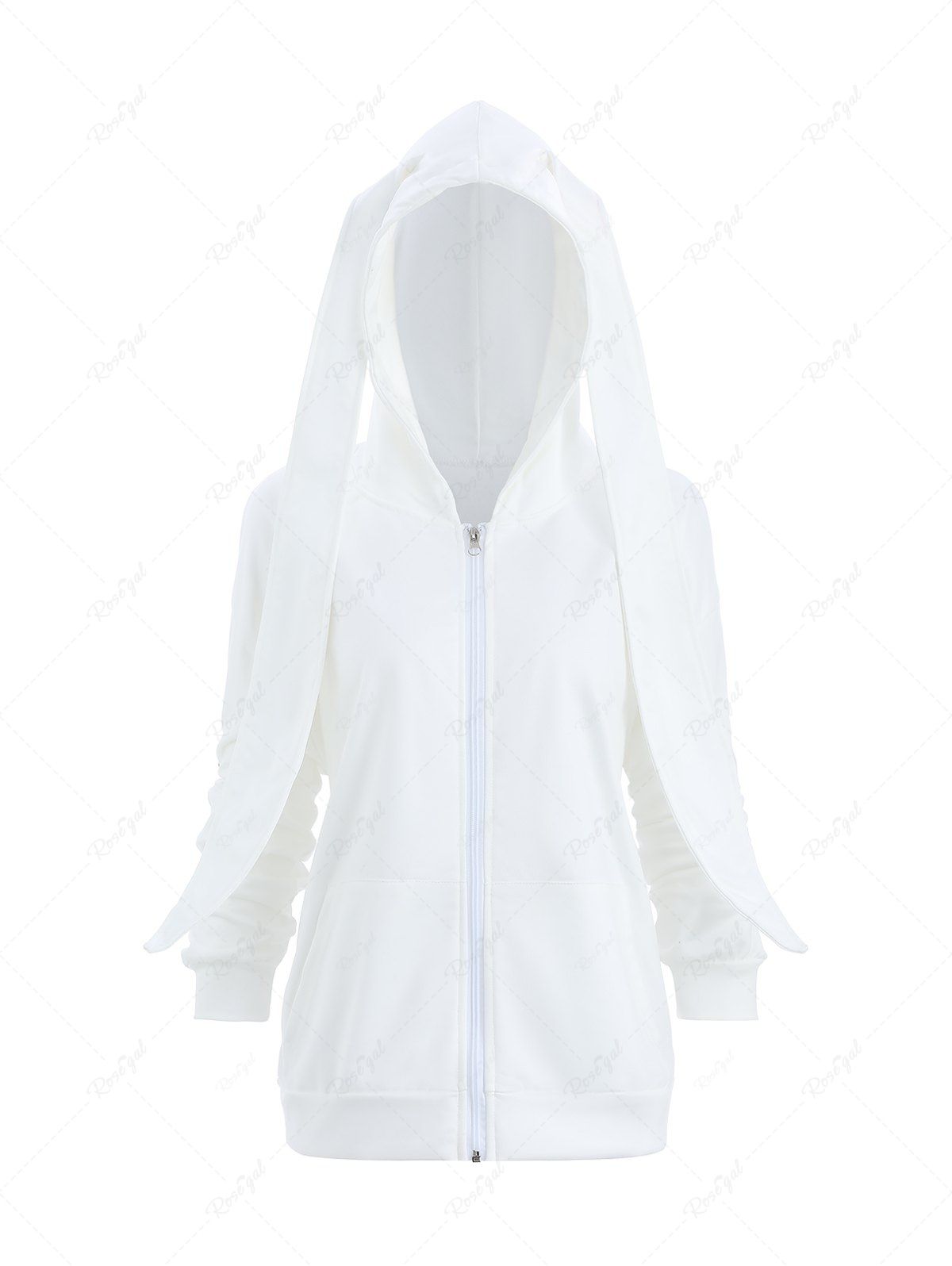 Affordable Solid Zipper Pockets Long Rabbit Ear Hooded Sweatshirt  