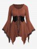 Haut à manches longues et col en V, style Renaissance médiévale, à paillettes, texturé, côtelé, manches évasées, bordure en dentelle, corset asymétrique à lacets - Café profond 3X | US 22-24