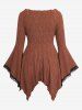 Haut à manches longues et col en V, style Renaissance médiévale, à paillettes, texturé, côtelé, manches évasées, bordure en dentelle, corset asymétrique à lacets - Café profond 4X | US 26-28