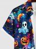 Plus Size Halloween Galaxy Ghost Pumpkin Moon Star Bat Print Buttons Pocket Shirt For Men -  
