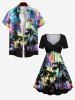Plus Size Coconut Tree Colorful Tie Dye Galaxy Print Hawaii Cinched A Line Dress -  