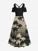 Plus Size Cold Shoulder Coconut Tree Striped Two Tone Print Hawaii Crisscross A Line Maxi Dress -  