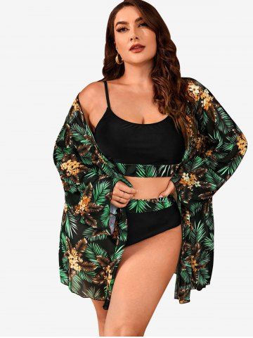 Hawaii Plus Size Flower Palm Tree Leaf Print 3 Pcs Swimsuit With Mesh Cover - GREEN - 1XL