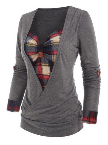 Roll Up Sleeve Plaid Insert Surplice T Shirt - GRAY - L