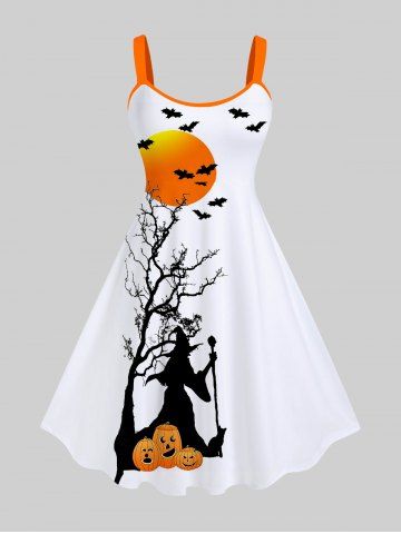 Plus Size Halloween Pumpkin Bat Tree Moon Wizard Print Tank Dress - WHITE - M