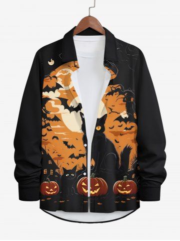 Plus Size Halloween Moon Cat Bat Pumpkin Print Buttons Long Sleeve Shirt For Men - BLACK - L