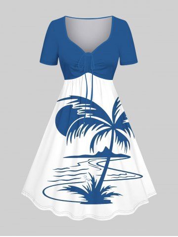 Plus Size Coconut Tree Sun Mountain Colorblock Print Cinched Hawaii Dress - MULTI-A - 1X