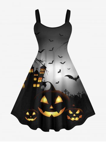 Plus Size Halloween Costume Pumpkin Bat Moon Tree Castle Print Tank Dress
