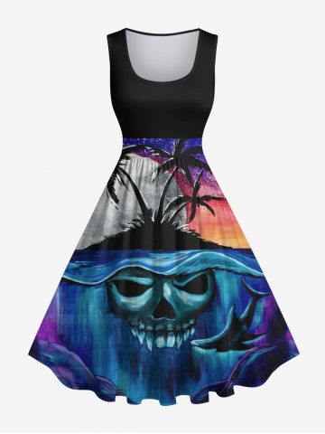 Plus Size Colorful Ombre Galaxy Moon Coconut Tree Skull Shark Seabed Print Hawaii&Halloween Vintage Swing A Line Dress