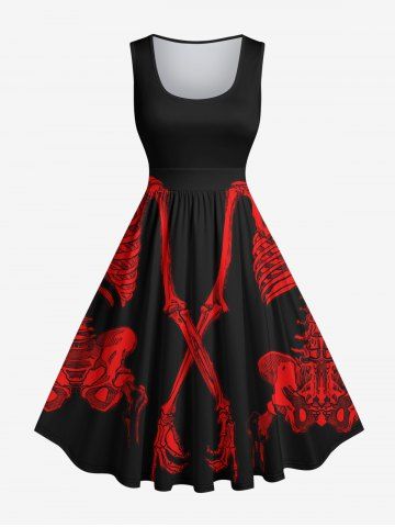 Plus Size Skeleton Print Halloween Costume Vintage Swing A Line Dress - BLACK - 2X