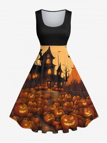 Plus Size Pumpkin Bat Moon Castle Print Halloween Costume Vintage Swing A Line Dress - BLACK - 1X