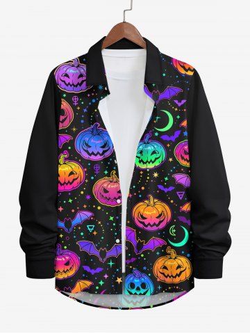 Plus Size Halloween Colorful Pumpkin Star Moon Bat Print Buttons Long Sleeve Shirt For Men - BLACK - XL