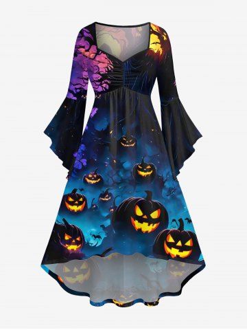 Plus Size Flare Sleeves Pumpkin Lantern Tree Bat Ombre Galaxy Print Halloween Costume Ruched High Low Dress - MULTI-A - S