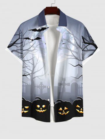 Plus Size Halloween Costume Pumpkin Moon Tree Cross Tomb Print Buttons Pocket Shirt For Men