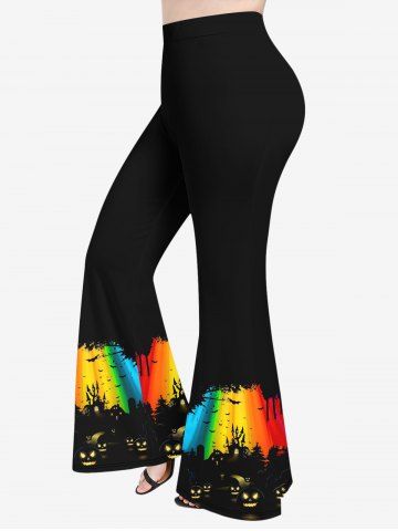 Plus Size Colorful Rainbow Light Beam Pumpkin Lantern Print Halloween Flare Pants - BLACK - 4X