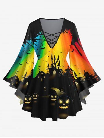 Plus Size Pumpkin Lantern Bat Castle Colorful Rainbow Light Beam Ink Painting Print Halloween Lattice T-shirt - BLACK - S