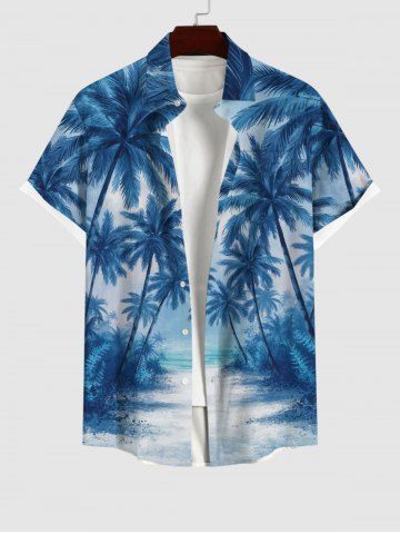 Plus Size Coconut Tree Ombre Print Buttons Pocket Hawaii Shirt For Men - BLUE - 4XL