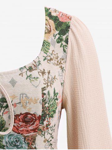 Plus Size Medieval Renaissance Lace Up Panel Rose Flower Embroidery Plisse Poet Sleeve Vintage Milkmaid Dress