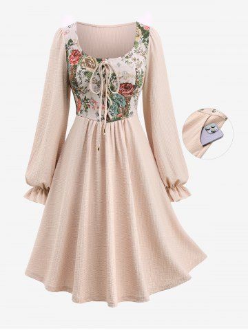 Plus Size Lace Up Panel Rose Flower Embroidery Plisse Poet Sleeve Vintage Dress - BEIGE - 1X | US 14-16