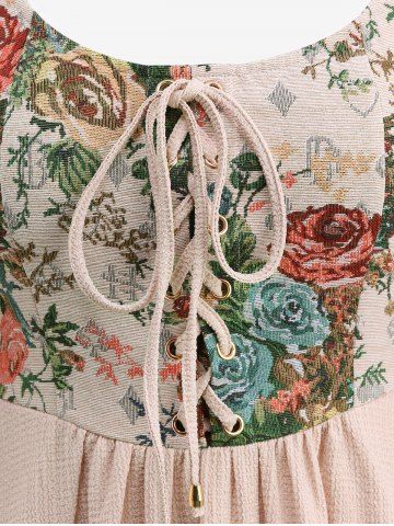 Plus Size Medieval Renaissance Lace Up Panel Rose Flower Embroidery Plisse Poet Sleeve Vintage Milkmaid Dress