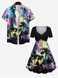 Coconut Tree Colorful Tie Dye Galaxy Print Plus Size Matching Hawaii Beach Outfit For Couples -  