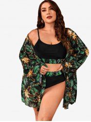 Maillot de Bain Hawaïen Feuille Fleur et Arbre de Palmier Imprimés de Grande Taille 3 Pièces - Vert 4XL