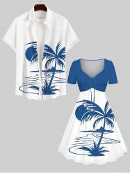 Coconut Tree Sun Mountain Colorblock Print Plus Size Matching Hawaii Beach Outfit For Couples -  
