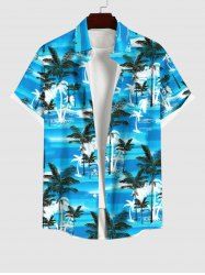 Plus Size Tropical Coconut Tree Sea Print Buttons Pocket Hawaii Shirt For Men -  